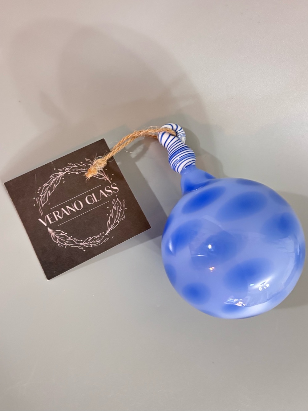 Studio Artist Made Verano Glass Blue Polka-dot Blown Glass Ornament 4.5” by 3”